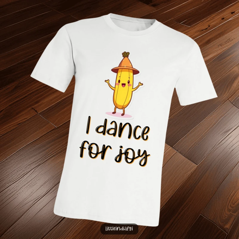 Funny Banana T-Shirt featuring a cheerful banana in a conical hat performing a lively jig, radiating pure silliness.