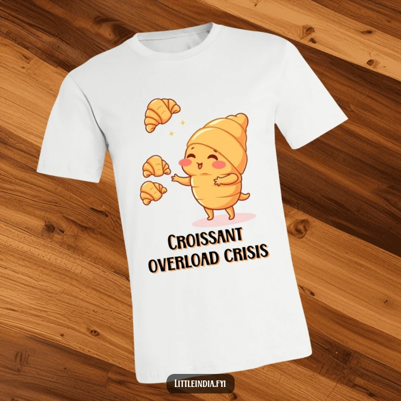 Funny blushing croissant character trying to juggle small croissants, looking embarrassed, on a comfortable t-shirt.