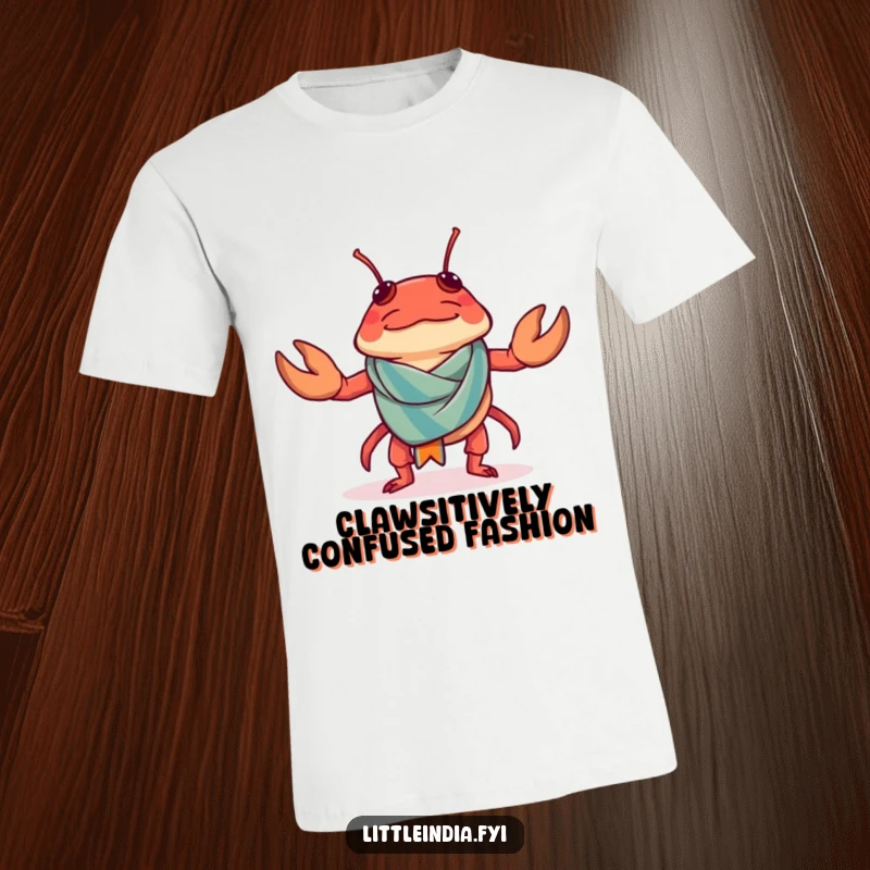 Funny Chilli Crab Sarong T-Shirt depicting a confused crab trying to wear a tiny sarong.