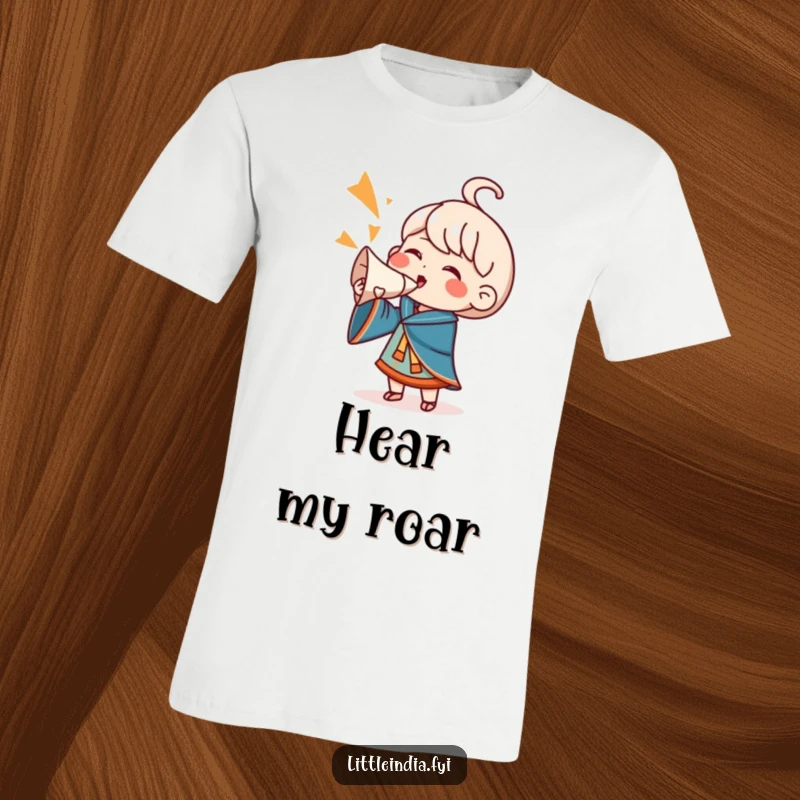 Funny T-Shirt: A character joyfully blows a large conch shell, mouth wide open in a cheer, embodying pure enthusiasm and fun.