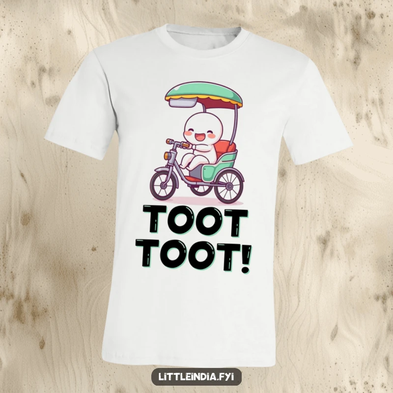 Funny t-shirt depicting a giggling rickshaw character cheerfully tooting its horn, radiating playful energy and a feeling of unrestrained, happy motion.