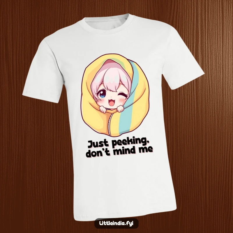 Funny Giggling T-Shirt: Playful character peeking from behind a bright textile, radiating amusement and lightheartedness.
