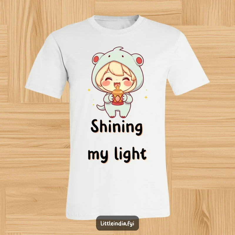 Funny T-Shirt featuring a joyous character holding a small decorative lamp with a warm glow, radiating positivity, a great funny gift.