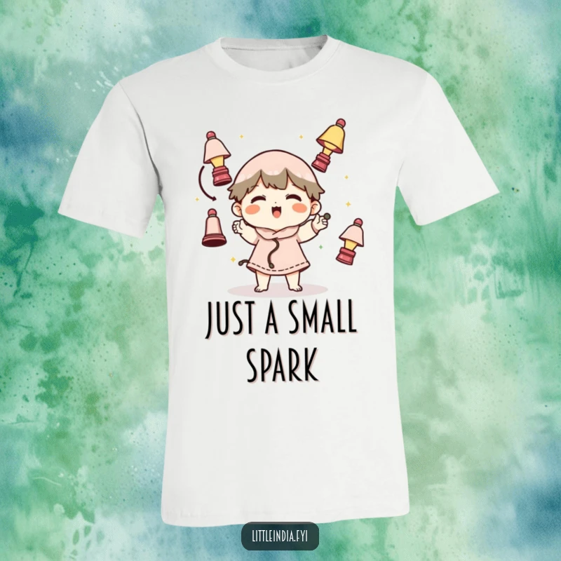 Funny t-shirt featuring a cartoony character enthusiastically juggling miniature lamps, radiating playful energy and humor.