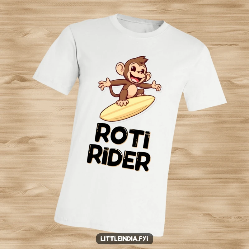 Funny t-shirt graphic of a mischievous monkey joyfully riding a giant roti like a surfboard, a humorous and adventurous design.