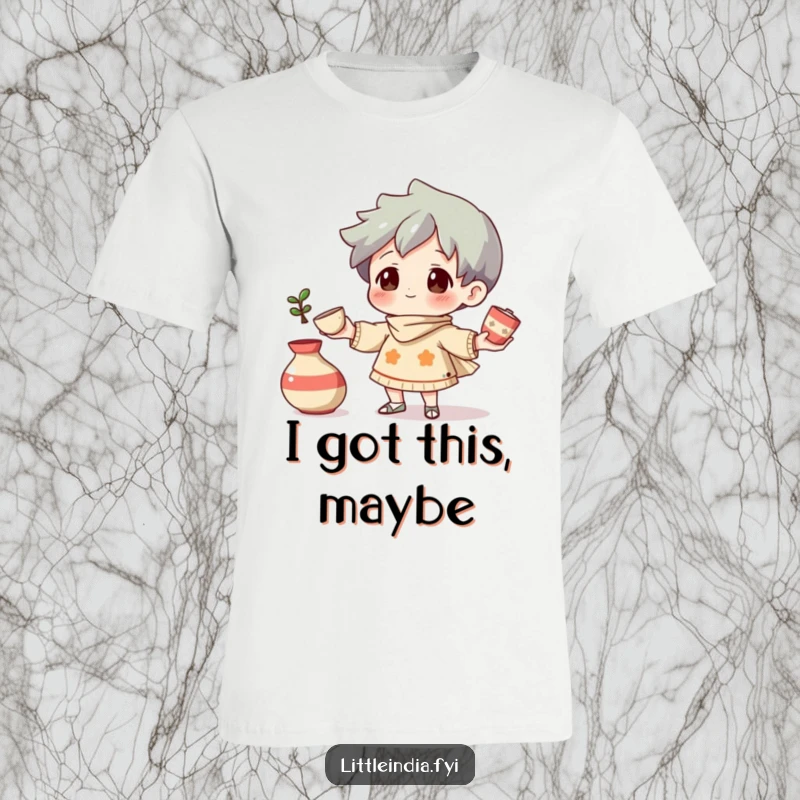 Funny T-Shirt: A curious character in action, juggling delicate, small decorative pottery pieces with focused amusement.