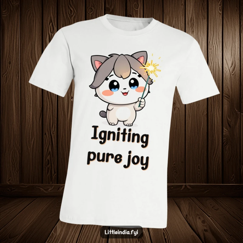 Funny T-Shirt: A happy character with dazzling, sparkling eyes gleefully holds a playful sparkler, ready to celebrate.