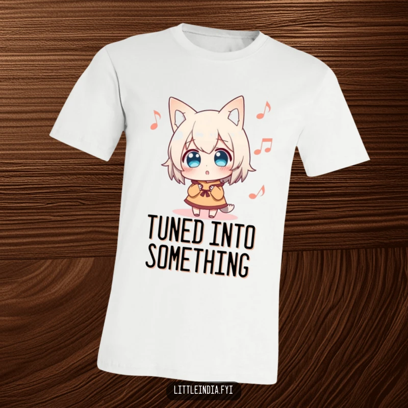 Funny T-Shirt showing a surprised character captivated by distant music, perfect for music enthusiasts who enjoy life's unexpected sonic moments.
