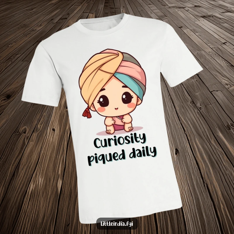 Funny t-shirt displaying a character subtly peeking from a turban, suggesting curiosity and playful mischief, a humorous and engaging apparel choice.