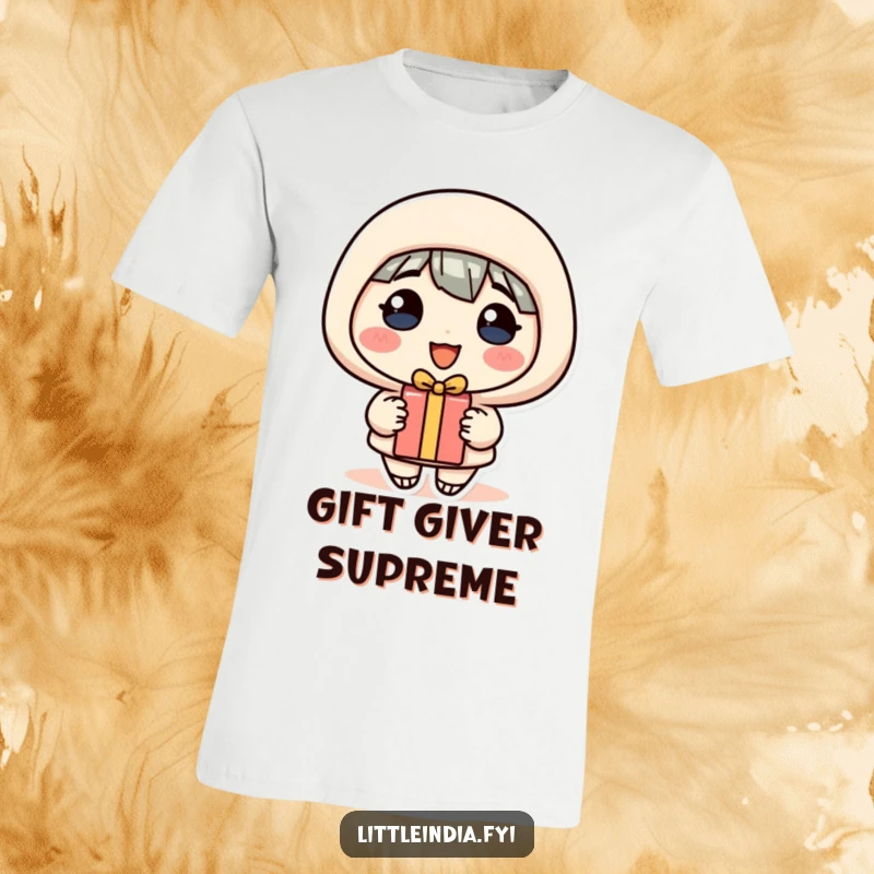 Funny T-Shirt: A smiling character happily presents a small gift, embodying generosity and cheerful vibes.