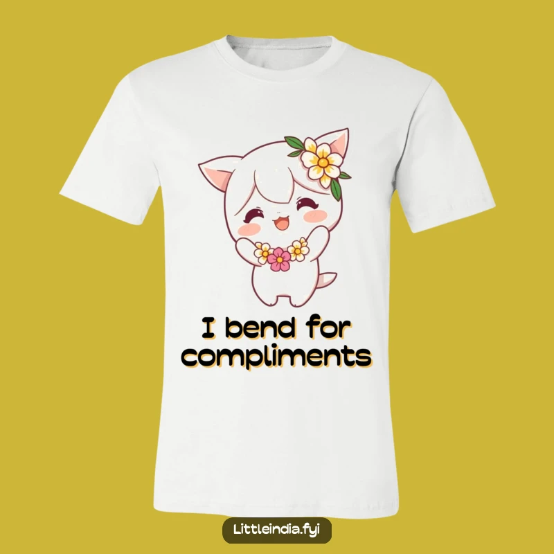 Funny Flower Garland Bow T-Shirt: Cheerful Character's Playful Pose - Unique Gift Idea