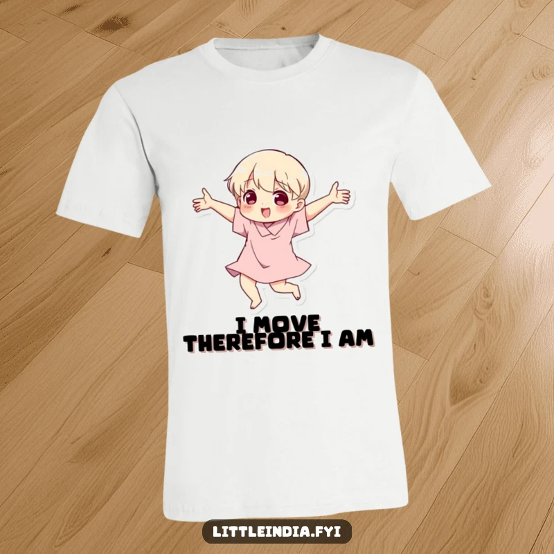 Funny t-shirt with a character gleefully dancing, featuring bold, expressive arm gestures and a contagious smile.