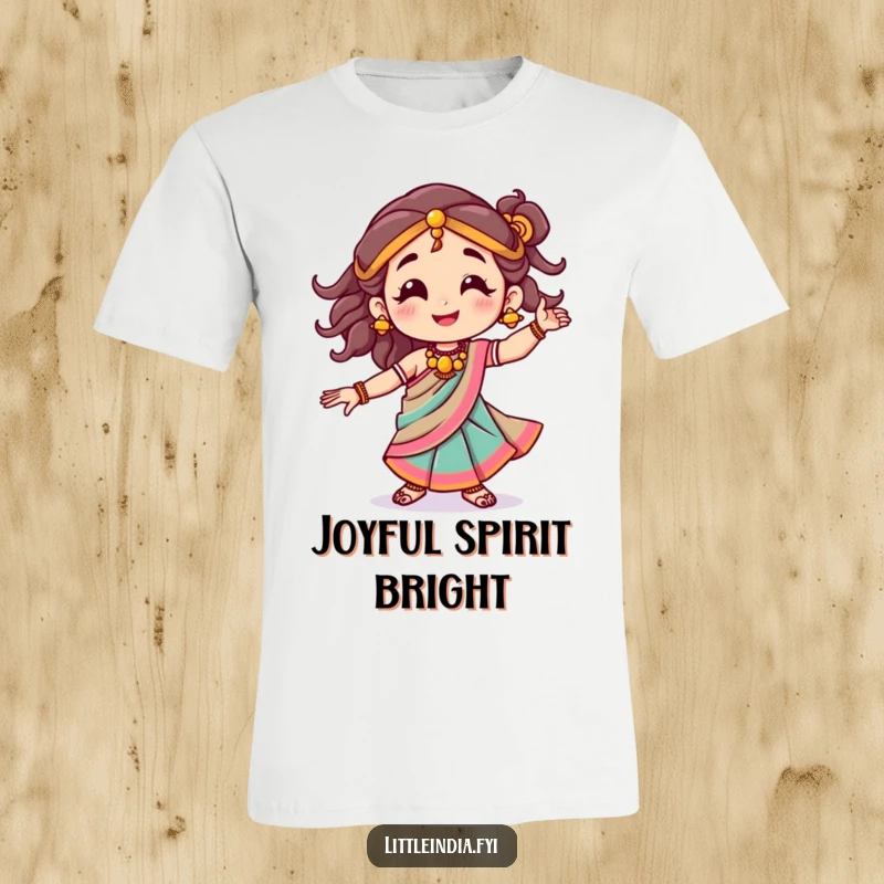 Funny t-shirt depicting a smiling character wearing a colorful sari, engaged in a joyful, celebratory dance.