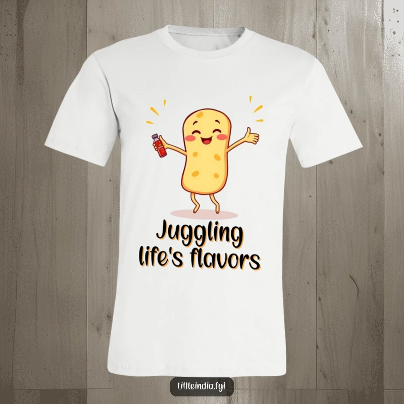 Funny Dancing Roti Canai T-Shirt featuring a roti canai with arms outstretched, juggling miniature sambal bottles.