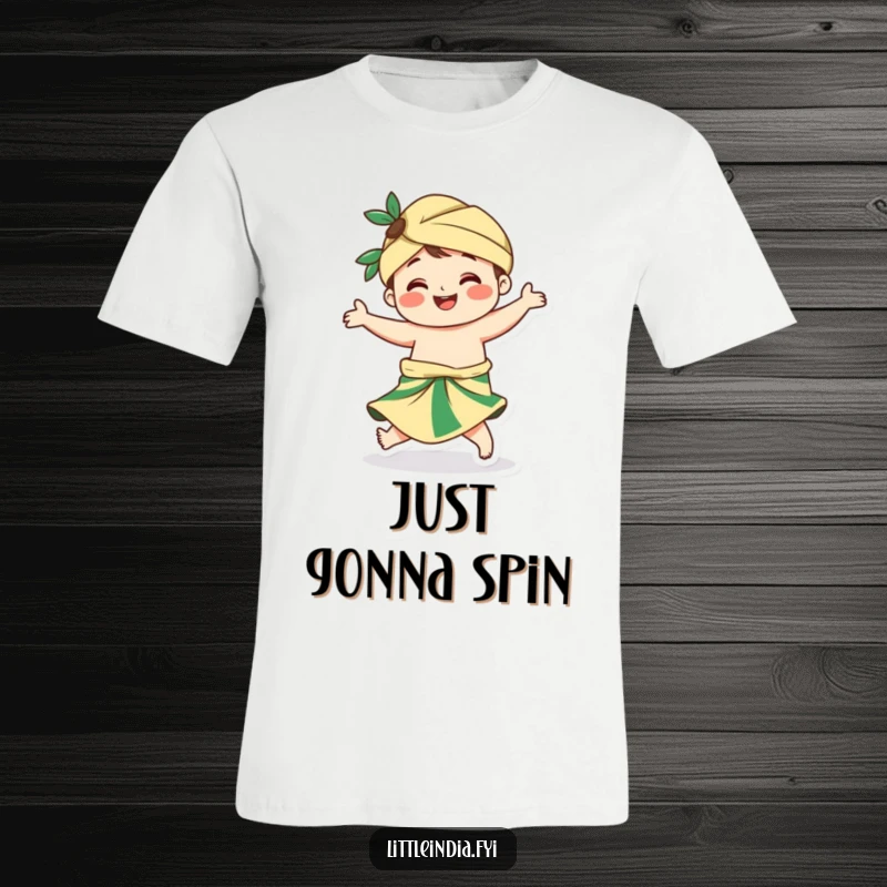 Funny t-shirt depicting a smiling character in a sarong, captured in a dynamic and graceful twirling motion.