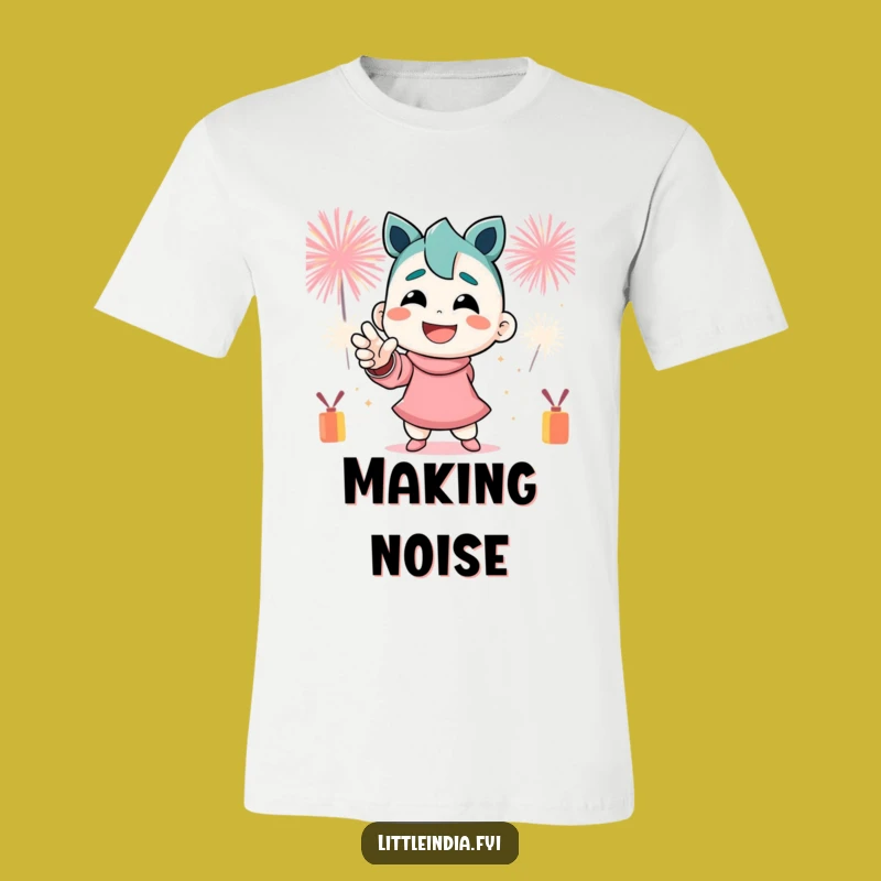 Funny Firecracker Pose T-Shirt: Smiling Character's Dynamic Festive Tee