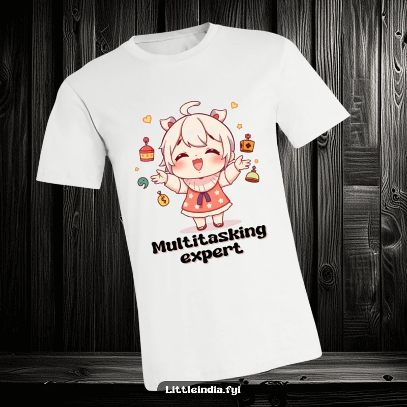 Funny t-shirt of a giggling character skillfully juggling small decorative trinkets, embodying fun and playful chaos.