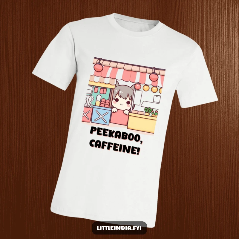 Funny t-shirt of a playful character playfully peeking from behind colorful market stalls, full of charm and fun.