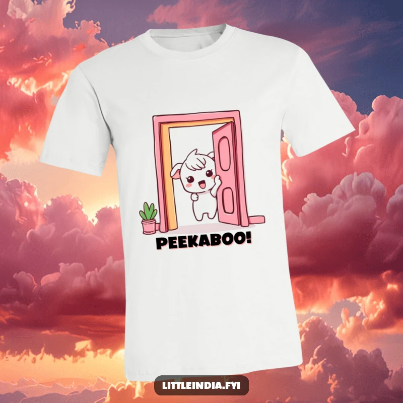 Funny T-Shirt: A curious character peeking excitedly from behind a colorful, vibrant doorway, full of anticipation.