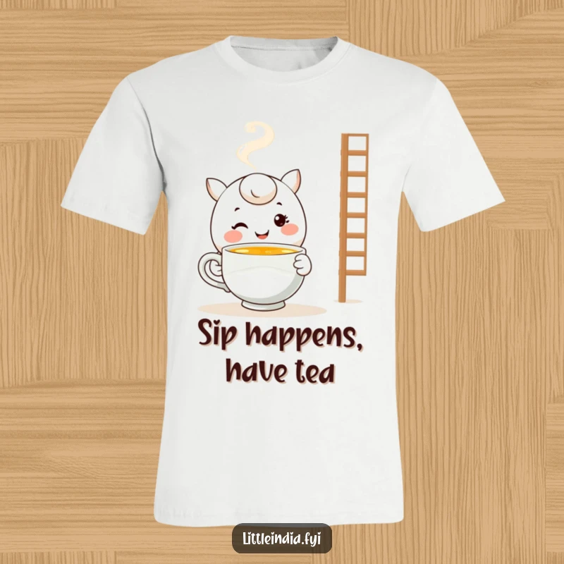 Funny Tea Time T-Shirt: Smiling character presents a steaming cup of tea, radiating warmth and a friendly invitation.