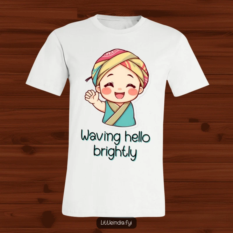 Funny t-shirt with a smiling character sporting a colorful fabric headwrap, waving joyfully with an infectious and happy demeanor.