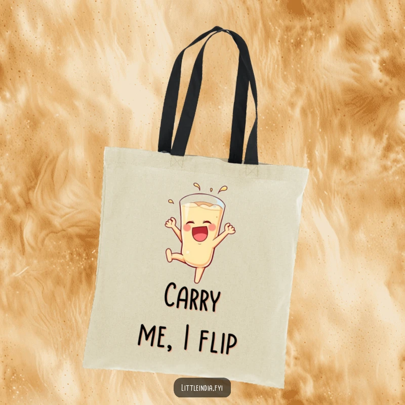 Funny Teh Tarik Tote Bag depicting a laughing glass executing a joyful somersault, perfect for carrying daily items with humor.