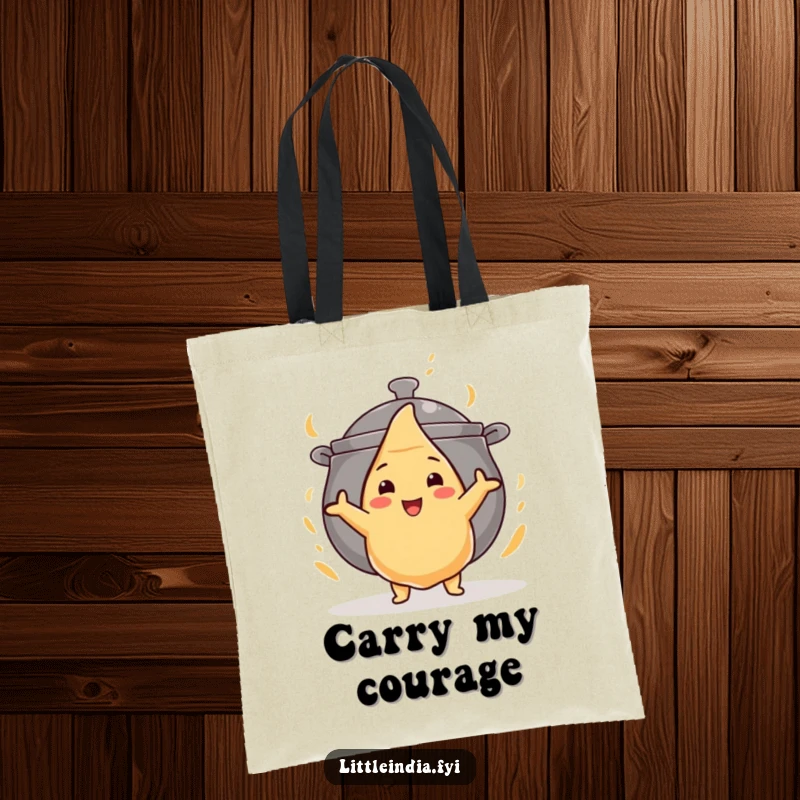 Funny tote bag illustrating a determined samosa facing down a massive curry pot, ready for anything.