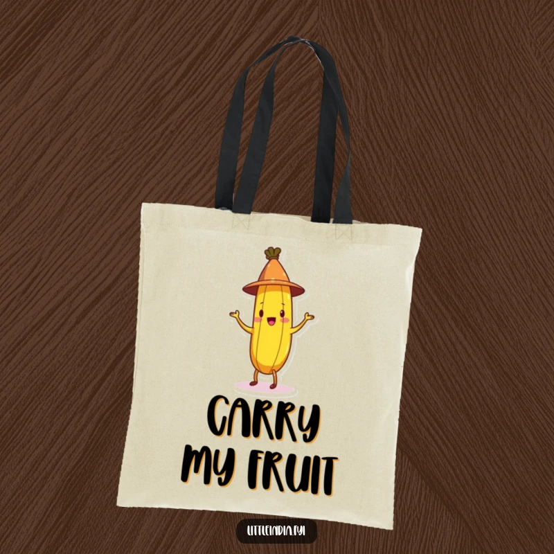 Funny Banana Tote Bag with a cheerful banana in a conical hat doing a jig, practical for carrying items with humor.