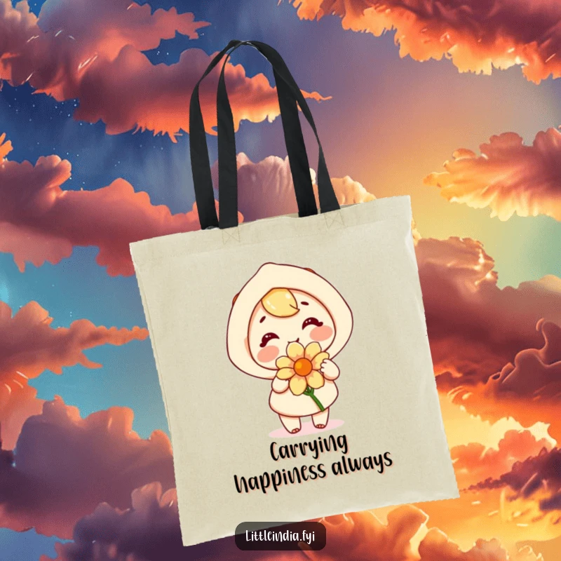 Funny tote bag with a happy character joyfully offering a fragrant flower, practical and heartwarming.