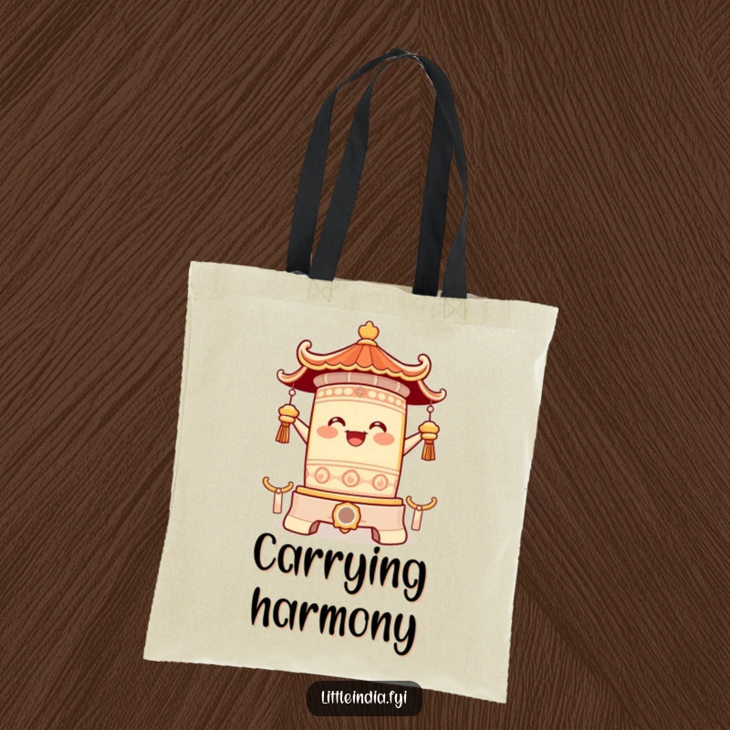 Funny tote bag with a happy temple bell character ringing with pure joy, a stylish accessory for carrying goods while spreading a resonant, happy vibe.