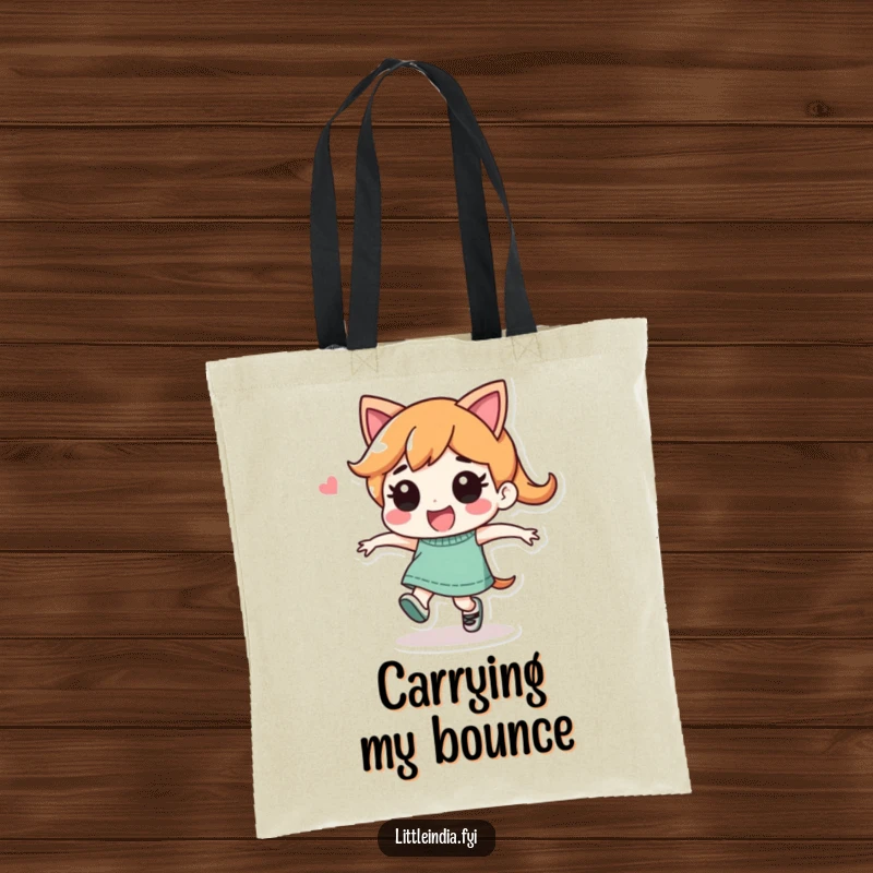 Funny Tote Bag: Playful character energetically performing a joyful skip, perfect for carrying your belongings with fun.