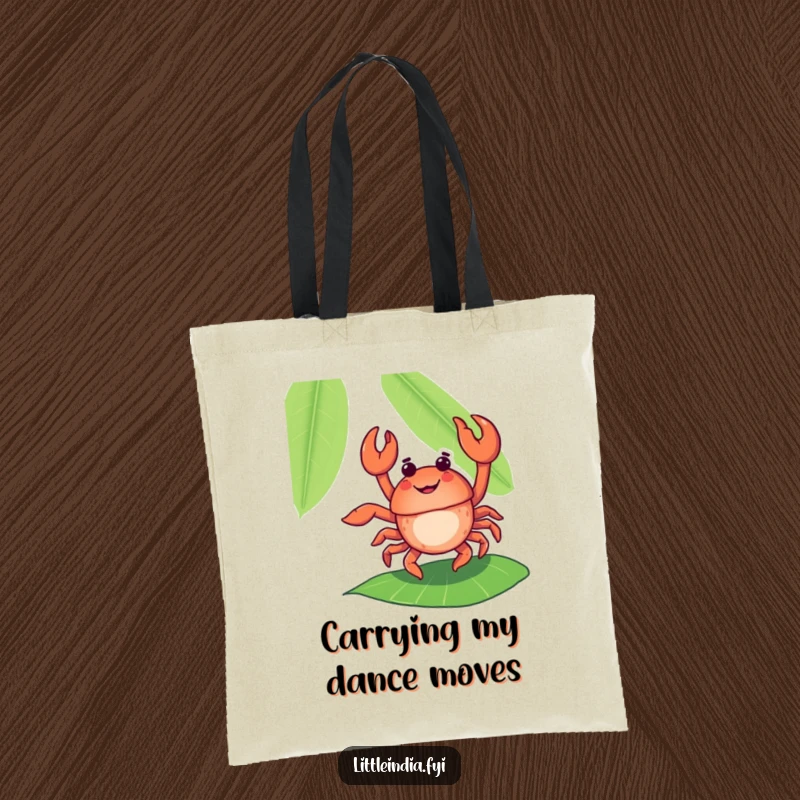 Funny, delighted crab dancing on a banana leaf, printed on a durable tote bag, perfect for beach or market.