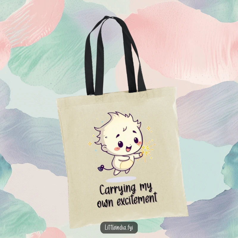 Funny tote bag with a mischievous sparkler character, depicted as leaving a path of happiness and light.