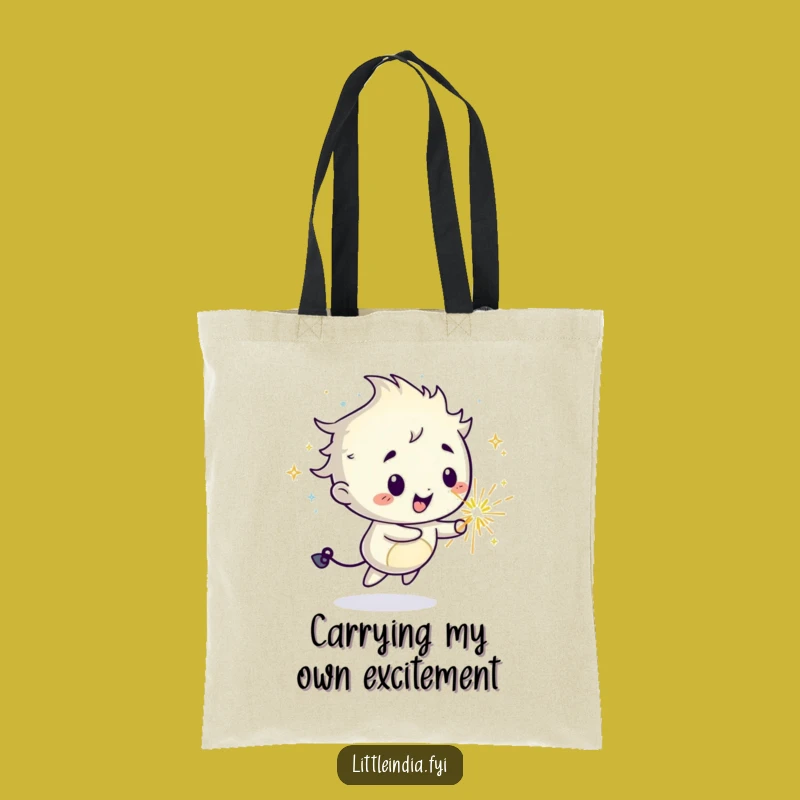 Funny Sparkler Tote Bag: Mischievous Character Carrying Joyful Trails