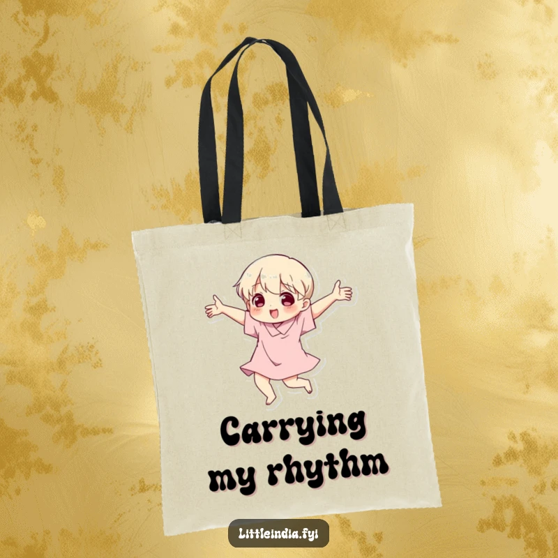 Funny tote bag with a character dancing energetically, featuring prominent, expressive arm movements and a cheerful look.