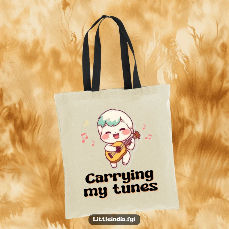 Funny tote bag with a cheerful character playing a small musical instrument and creating a happy melody.