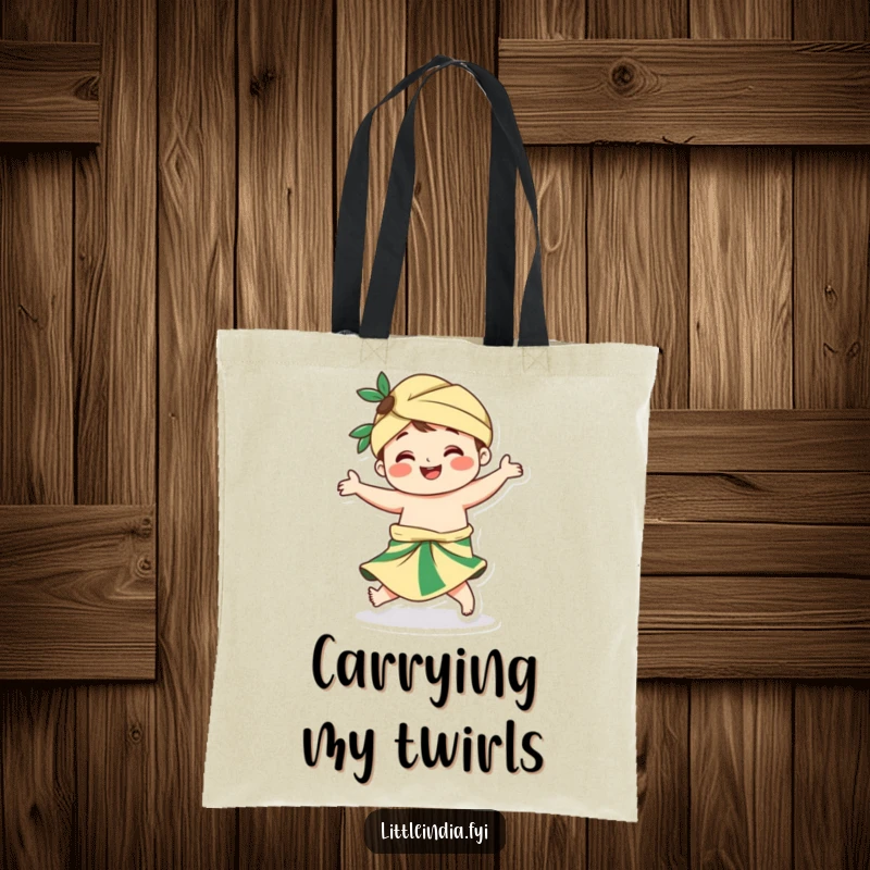 Funny tote bag illustrating a smiling character in a sarong, in the midst of a lively and energetic twirl.