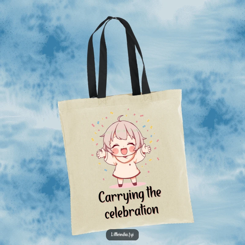 Funny tote bag showcasing a character joyfully scattering colorful confetti with both hands, perfect for carrying essentials with flair.