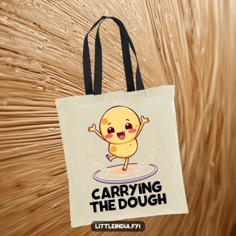 Funny tote bag depicting a roti dancing on a platter, artistically kicking up a cloud of flour.