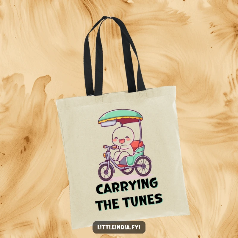 Funny tote bag with a giggling rickshaw character cheerfully tooting, a stylish accessory for carrying goods while spreading a playful, happy vibe.