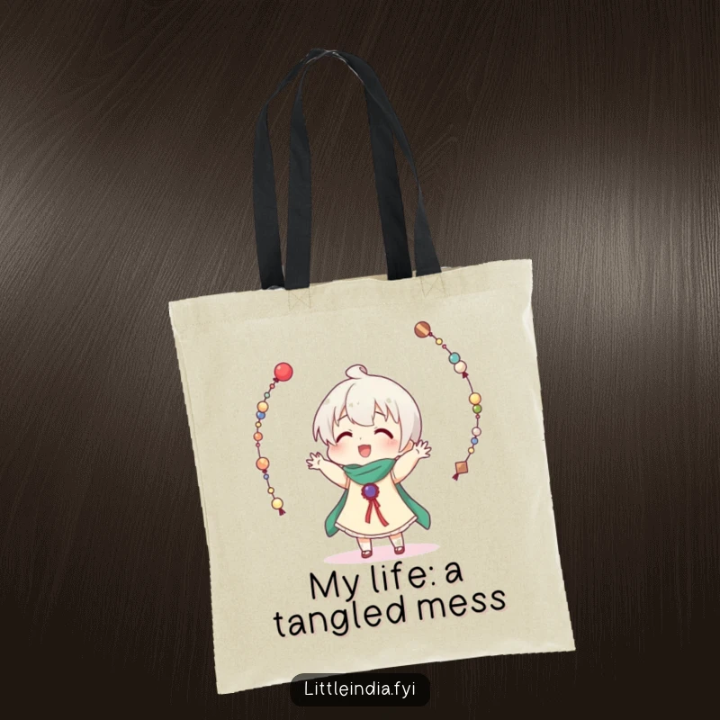 Funny tote bag featuring a character comically attempting to juggle decorative strings of beads, with beads scattered around.