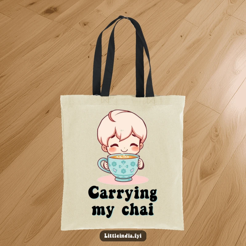Funny Tote Bag: Smiling character contentedly enjoying a steaming cup of chai, ideal for carrying daily necessities.