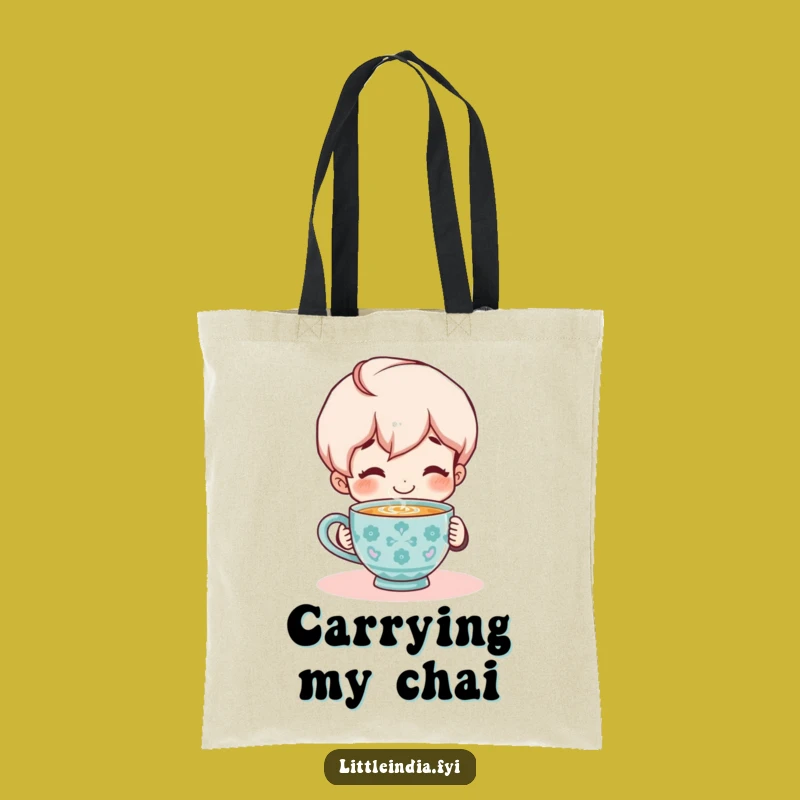 Funny Chai Time Tote Bag: Smiling Character's Cozy Accessory, Perfect Funny Gift