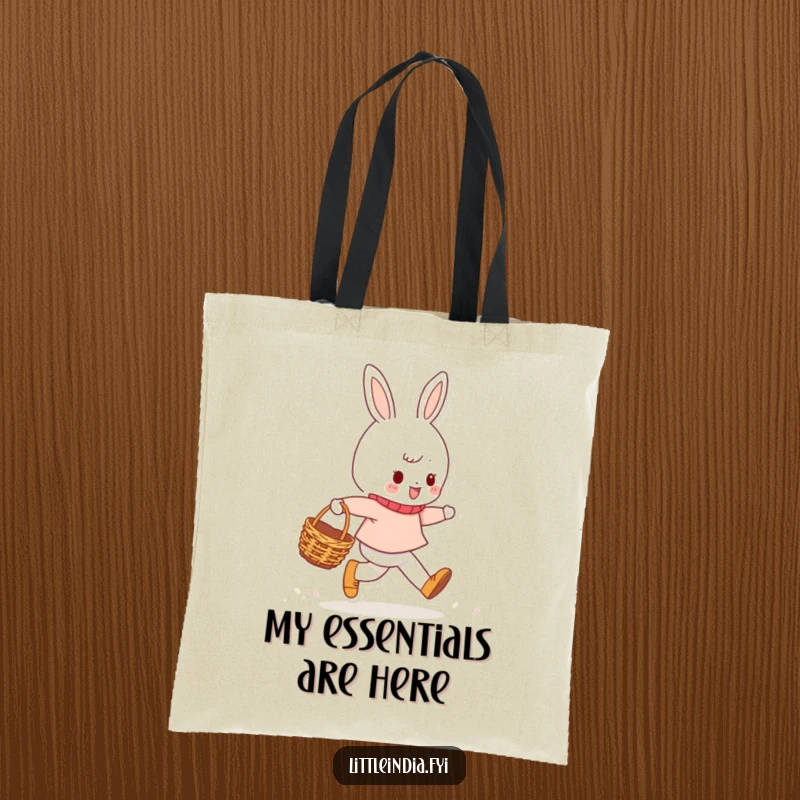 Funny Tote Bag illustrating a cheerful character skipping gracefully with a small woven basket, perfect for carrying items with a dose of happiness.