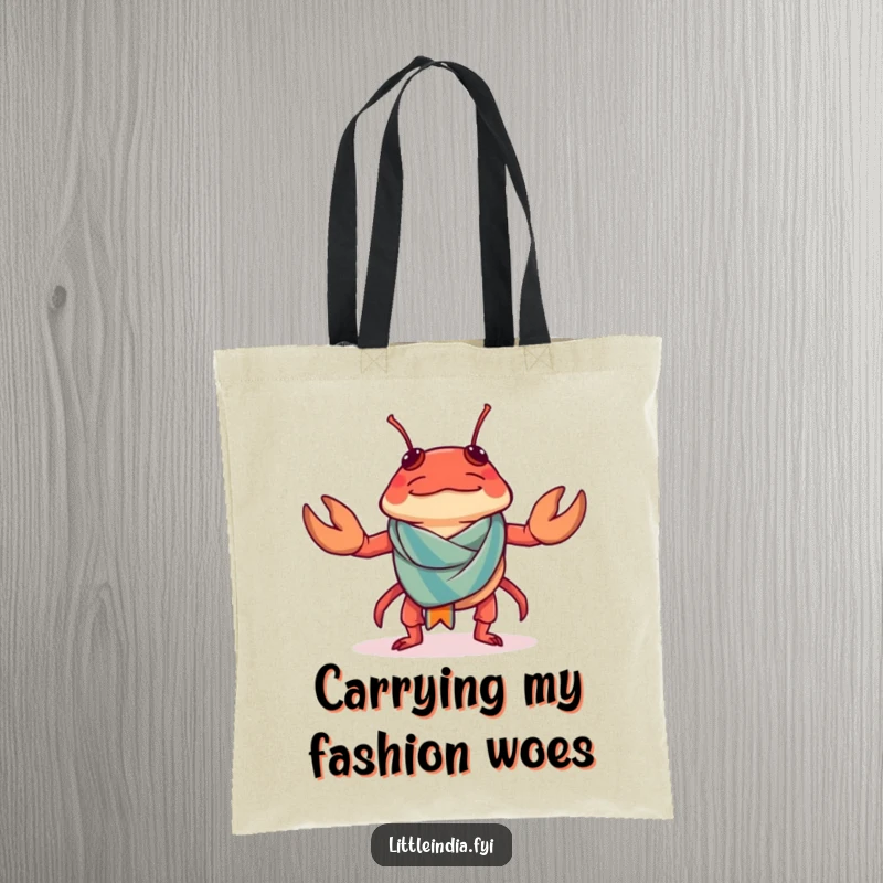 Funny Chilli Crab Tote Bag featuring a confused chilli crab trying to wear a tiny sarong.