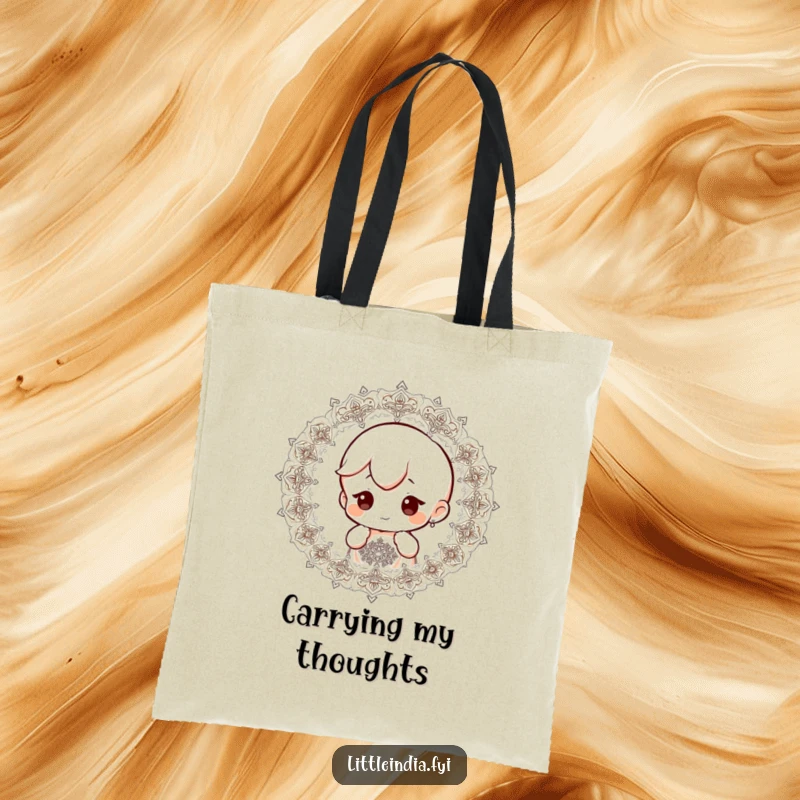 Funny tote bag featuring a small character with a curious expression, observing intricate patterns, perfect for carrying essentials.