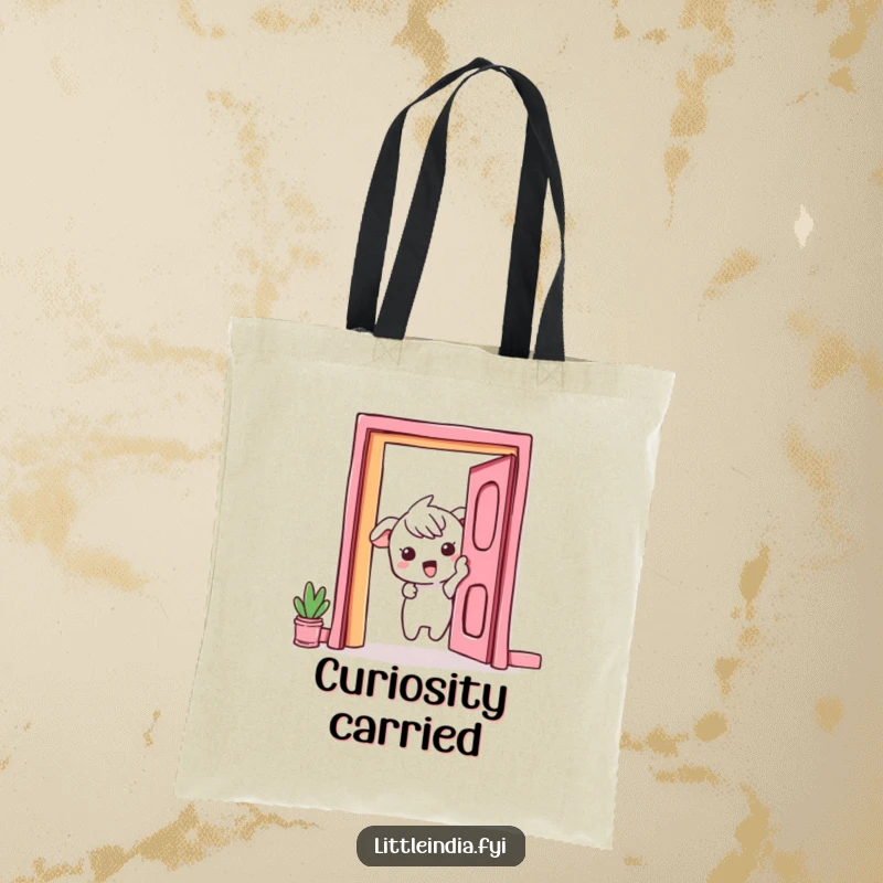 Funny Tote Bag: A curious character peeks out with excitement from behind a bright, vibrant doorway.