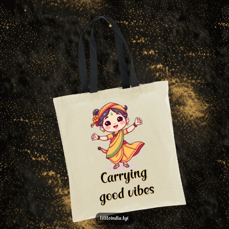 Funny tote bag displaying a vibrant character in a sari, dancing energetically with a radiant smile.