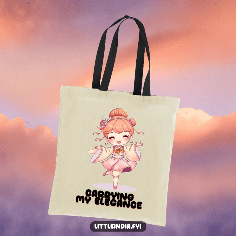 Funny tote bag featuring a delighted character dancing with shimmering silk fabrics, stylish and practical.