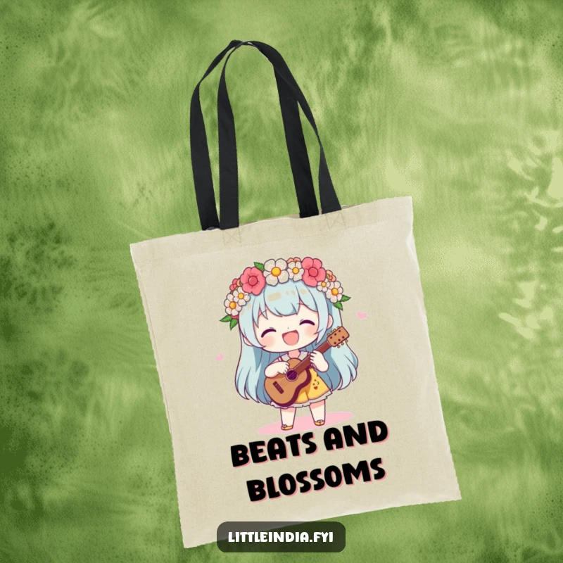 Funny Tote Bag: Delightful character with a flower garland taps out a happy beat, ready for errands.